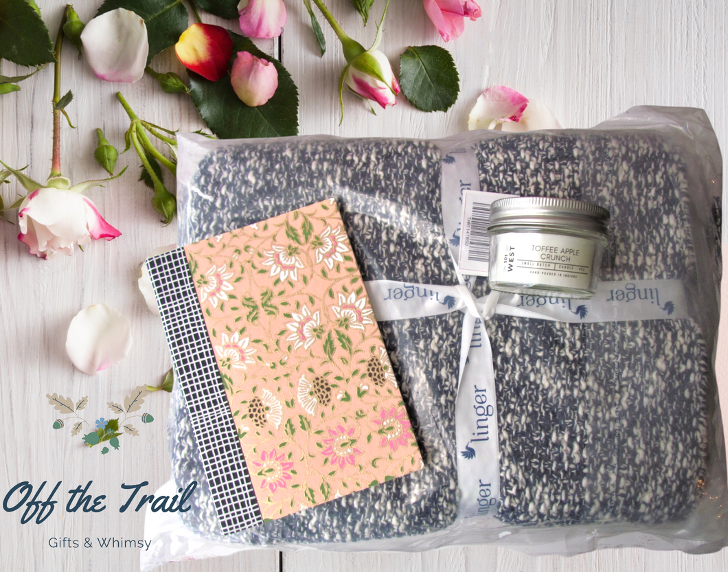 Relaxing Meadows Gift Box - Navy Throw Blanket, Tree Free Paper Journal, and Candle - Off The Trail Gifts