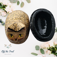 Load image into Gallery viewer, Gold and Black Wooden Paradise Cat Ring Puzzle Box - Off The Trail Gifts
